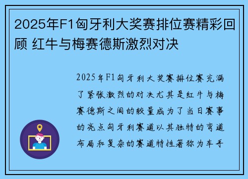 2025年F1匈牙利大奖赛排位赛精彩回顾 红牛与梅赛德斯激烈对决